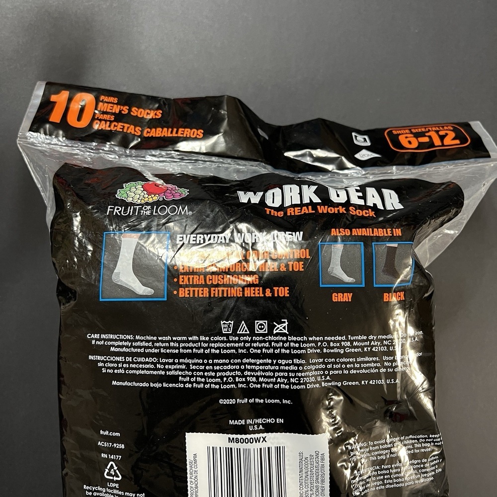10 Pairs Mens Socks White Mid Calf Tube Socks 6-12 Fruit of the Loom Work Gear - Picture 3 of 3